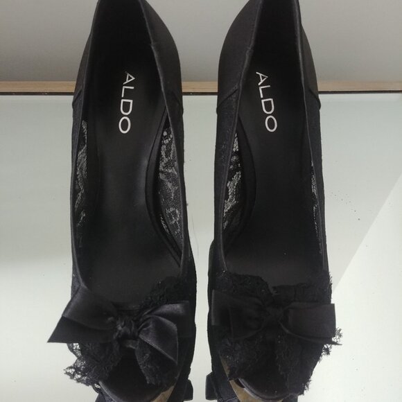 Black Satin Aldo High Heels Lace Bow Size 38 - Picture 2 of 8